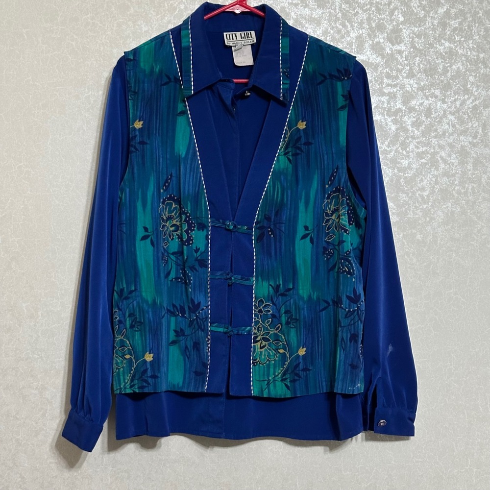 City Girl Nancy Bolen VTG Blue Floral Print Asian Mandarin Style Vest Blouse 14‎